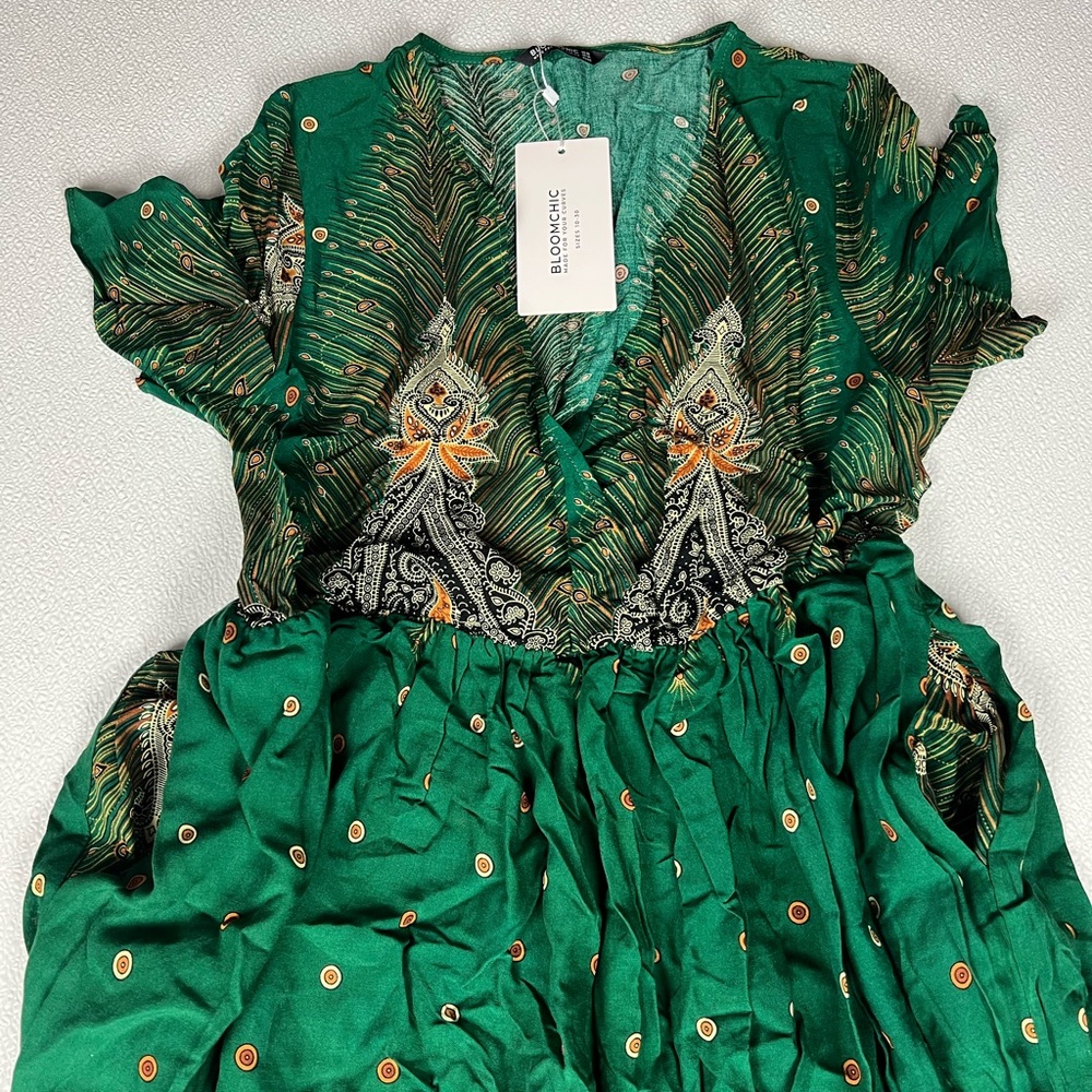Bloomchic Bandana Pocket Button Wrap Split Midi Dress Size 10 Green NWT - Picture 9 of 12